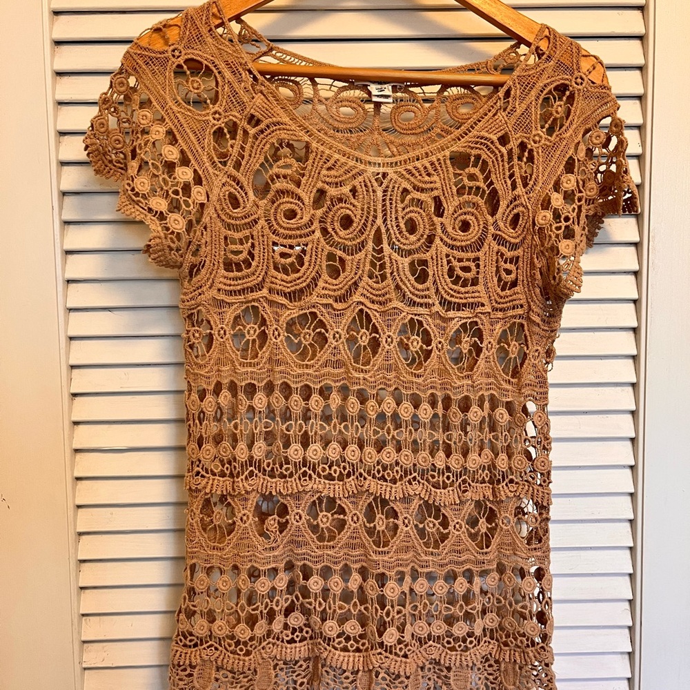 Cato Crochet fringe Lace Short Sleeve Camisole - Tan boho, lace, bohemian